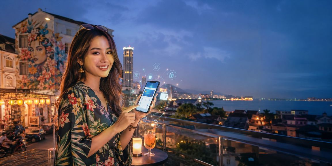 Suasana kasino di Penang dengan pencahayaan ungu neon